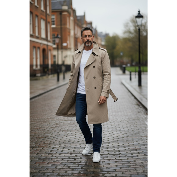 Vintage Harbormaster Trench Coat Mens Large Belted Made in USA John Weitz 80s - Picture 1 of 14